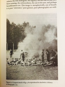 Foto tomada por un sonderkommando de la incineración de cadáveres al aire libre. Verano de 1944